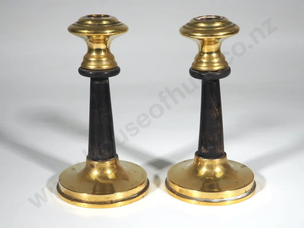Pair of Wood and Brass Candlesticks  Image 1++