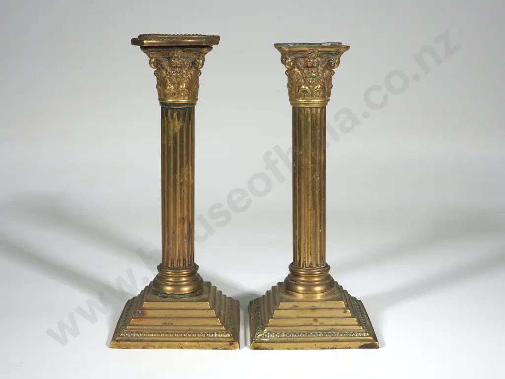 Two Brass Corinthian Column Candlesticks Image 1++