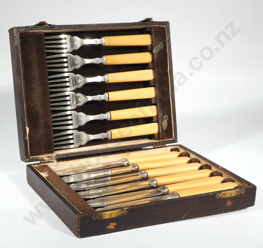 Vintage Cased Set of Six Bone Handled Fish Knives & Forks Image 1++