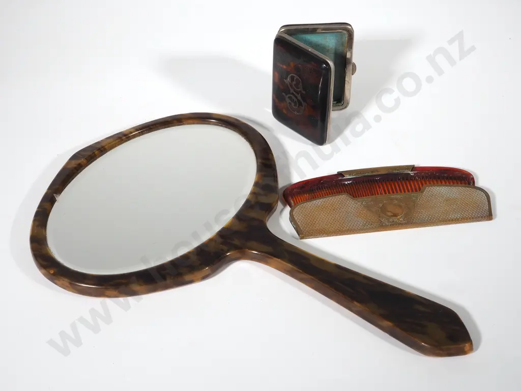 Faux Tortoiseshell Hand Mirror, Initialled Compact and Comb Image 1++