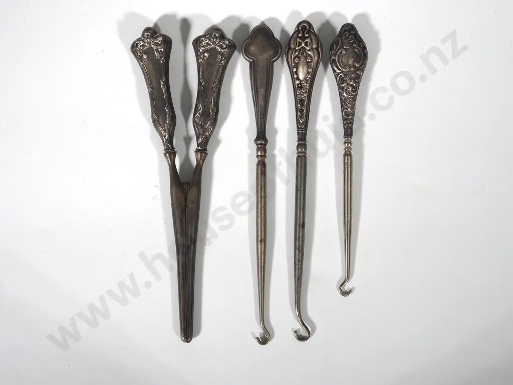 Three Silver Plated Boot Hooks & One Pair  of Curling Tongs Image 1++