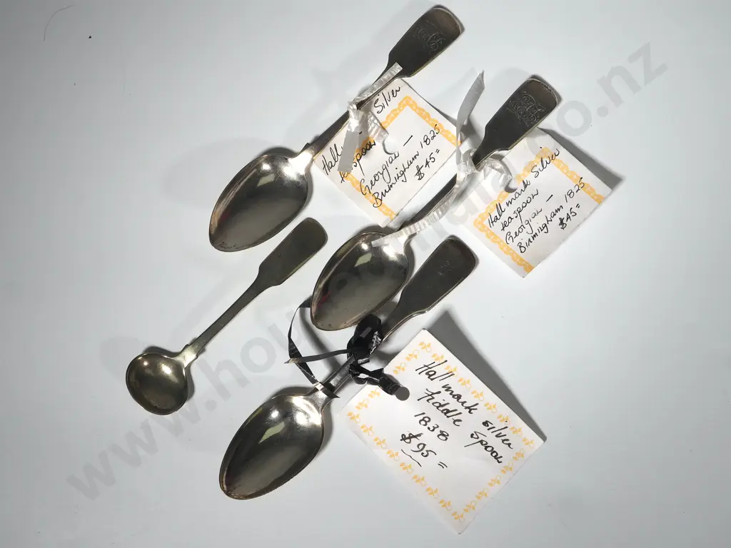 Three Sterling Silver Fiddle Pattern Spoons and a Silver Plated Mustard Spoon  Image 1++