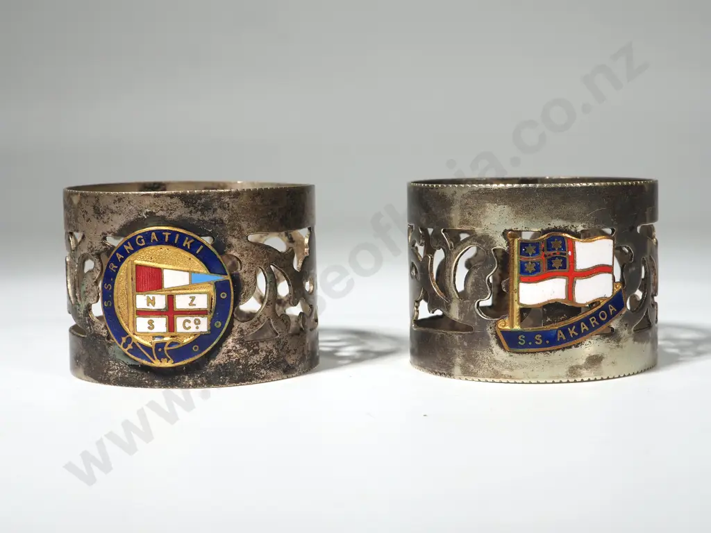 Two  Silver Plated Napkin Rings w Shipping Crests: SS Akaroa & SS Rangatiki Image 1++