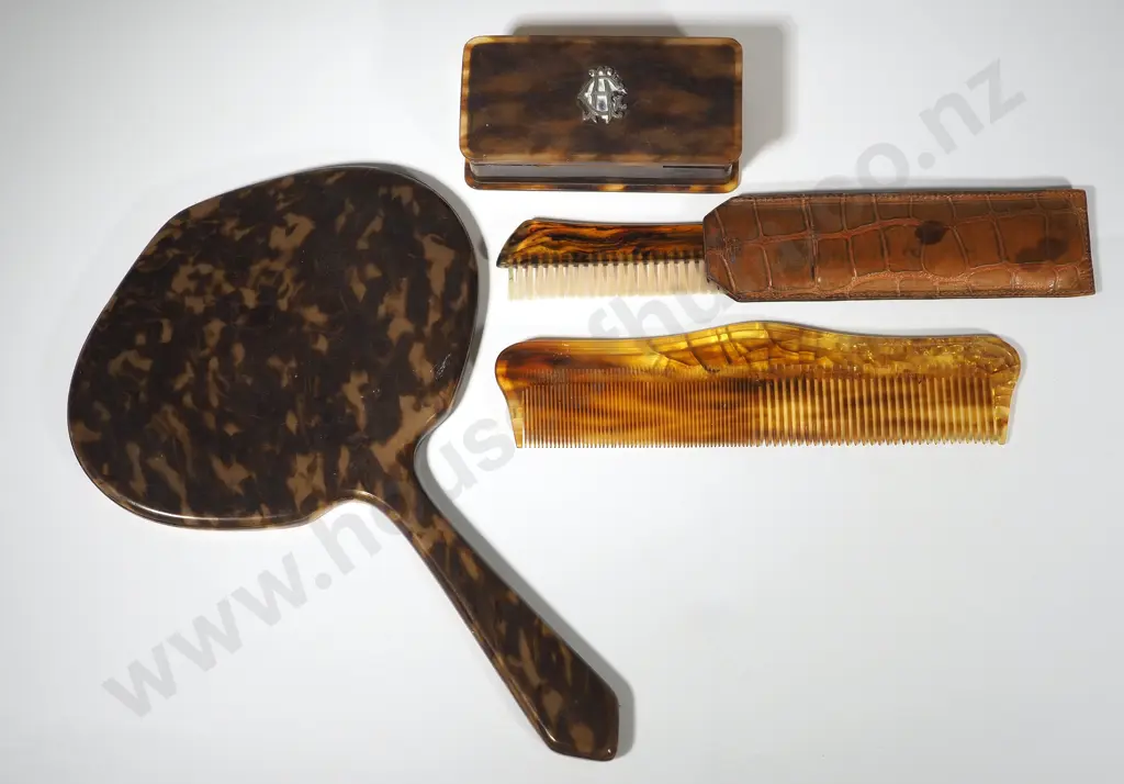 Faux Tortoiseshell Hand Mirror, Combs, and Initialled Silver Lidded Box  Image 1++