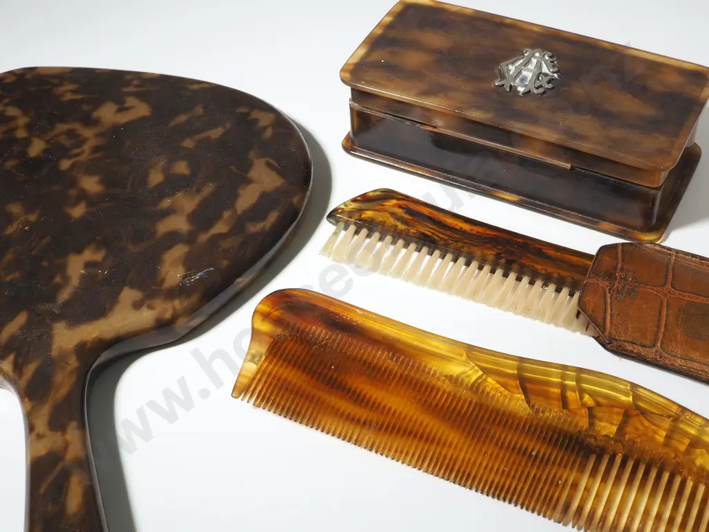 Faux Tortoiseshell Hand Mirror, Combs, and Initialled Silver Lidded Box  Image 1++