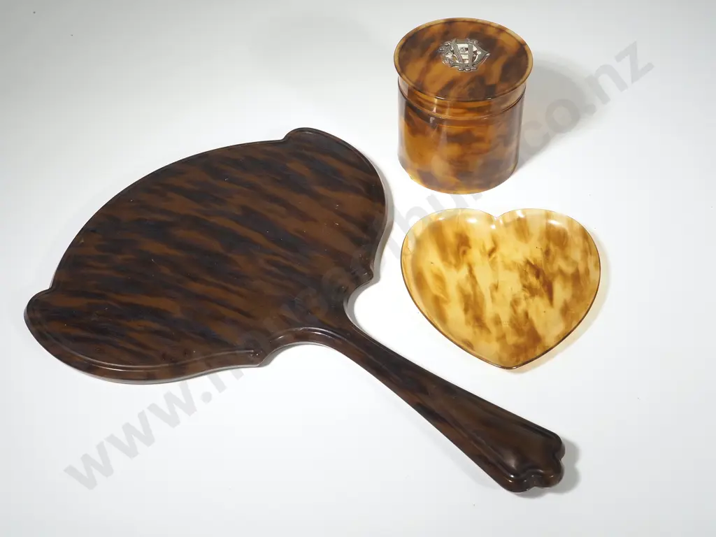 Faux Tortoiseshell Hand Mirror, Heart  Shaped Dish and Initialled Lidded Toilet Jar  Image 1++