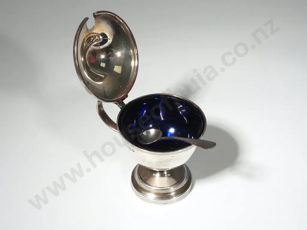 Sterling Silver Mustard Pot w Blue Glass insert & Spoon Image 1++