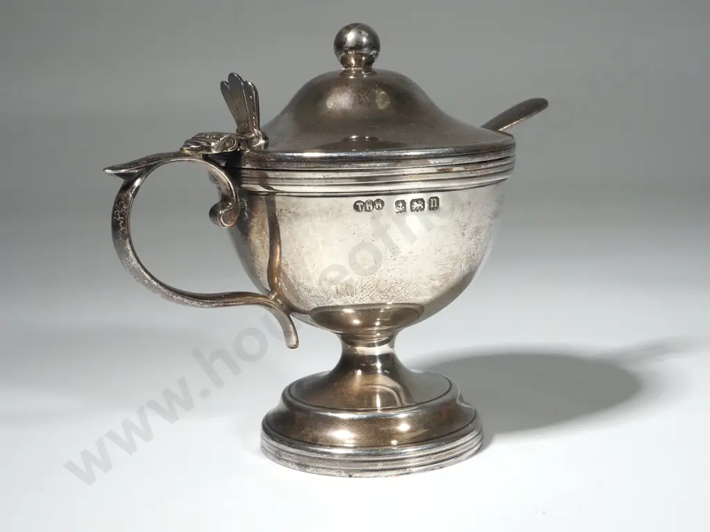 Sterling Silver Mustard Pot w Blue Glass insert & Spoon Image 1++