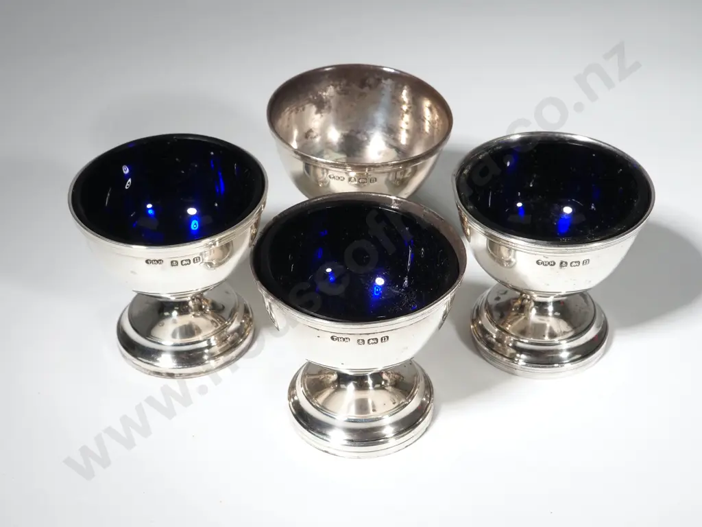 Four Sterling Silver Salts Three w Blue Glass Inserts Image 1++