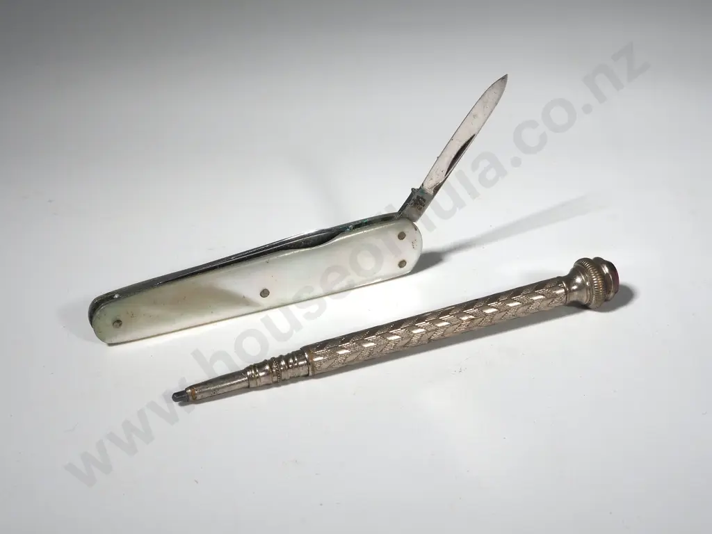 Vintage Silver Propelling Pencil w Gem Top & Mother of Pearl Handled Fruit  Knife Image 1++
