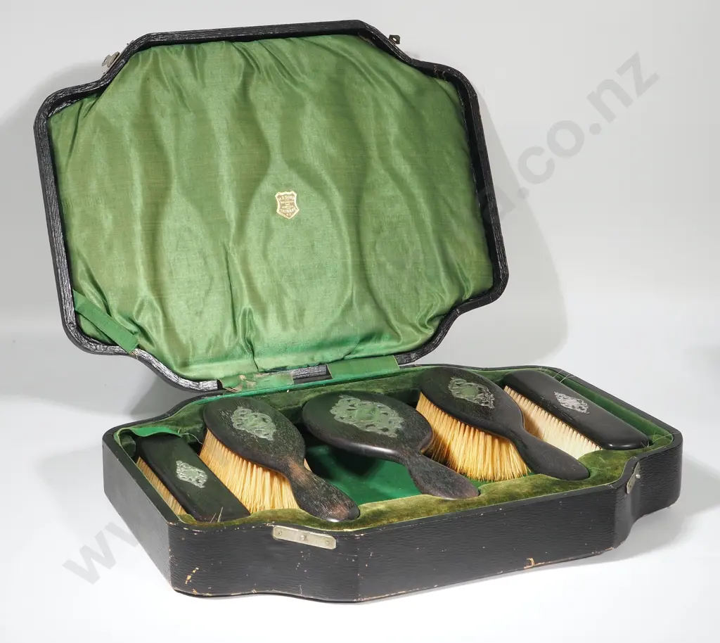 Impressive Antique Cased Dressing Table Set in Sterling Silver & Ebony in NZ Retailers Box H.D. Bond  Image 1++