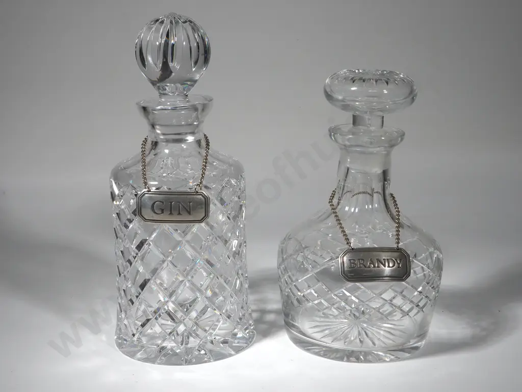 Pair of Crystal Decanters with Brandy and Gin Labels Image 1++