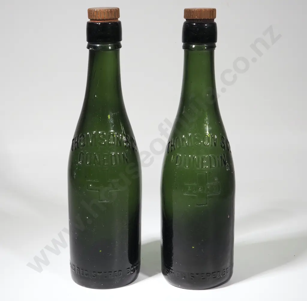 Two Antique Green Thomson Soda Bottles w Tops Image 1++