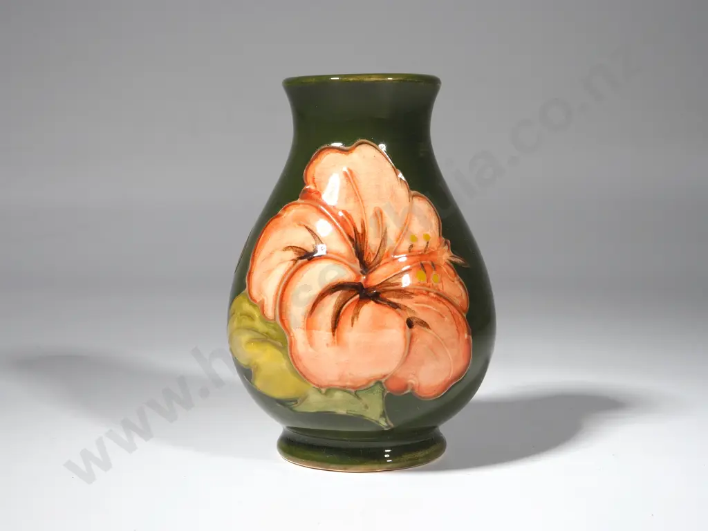 Green Moorcroft Vase with Hibiscus Decoration. Hgt 100mm Image 1++