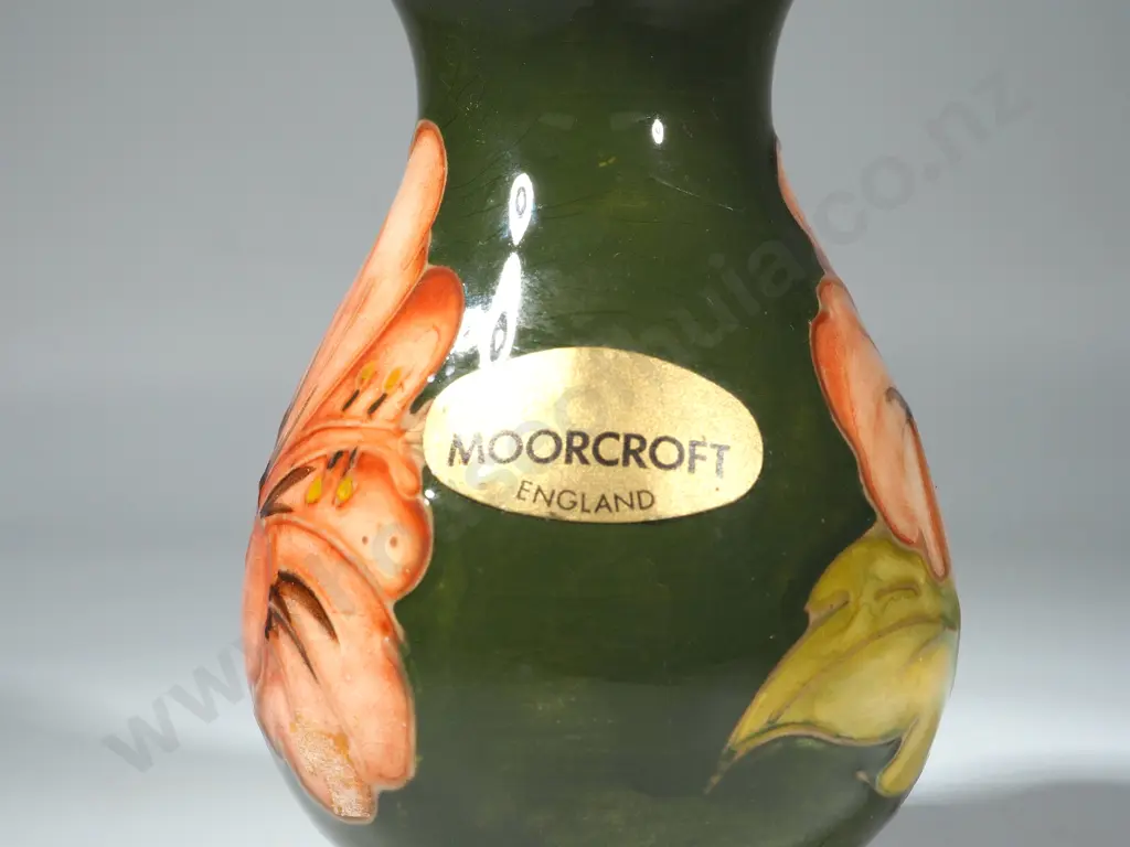 Green Moorcroft Vase with Hibiscus Decoration. Hgt 100mm Image 1++