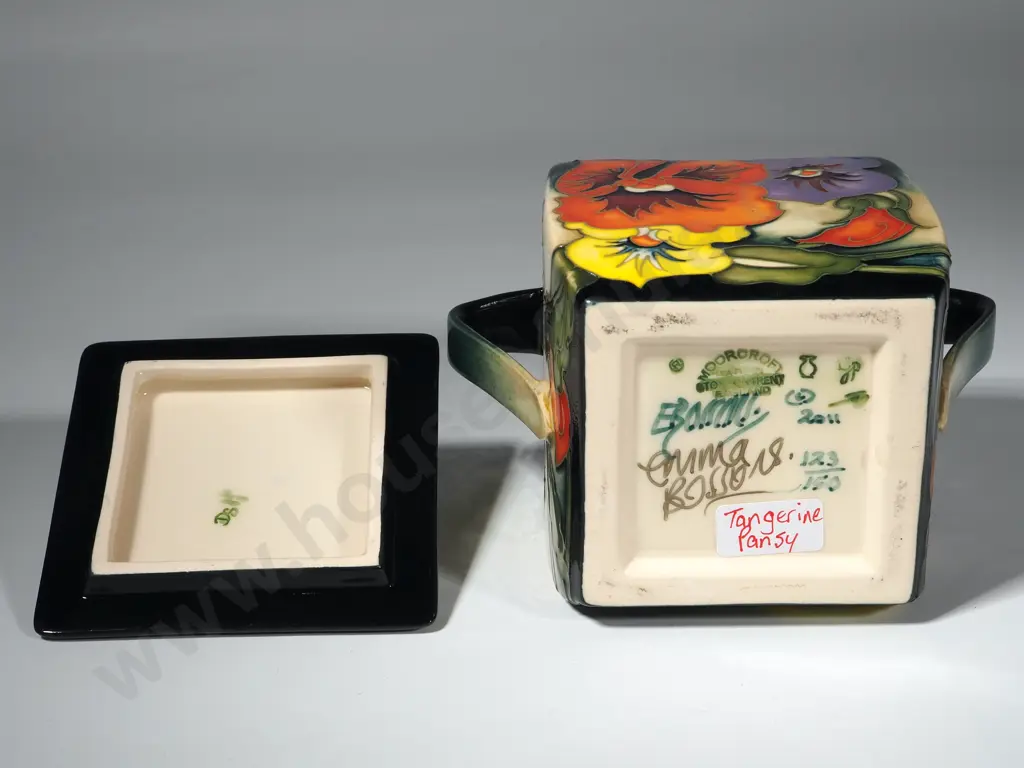 Moorcroft Pottery Clementine Pansy Pattern Preserve Jar and Cover by Emma Boston's of Square Form 123/150 Image 1++