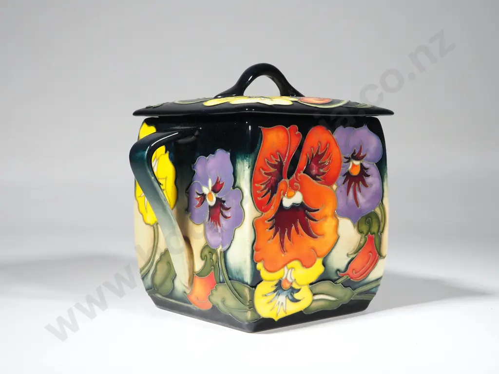 Moorcroft Pottery Clementine Pansy Pattern Preserve Jar and Cover by Emma Boston's of Square Form 123/150 Image 1++