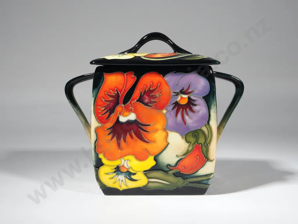 Moorcroft Pottery Clementine Pansy Pattern Preserve Jar and Cover by Emma Boston's of Square Form 123/150 Image 1++