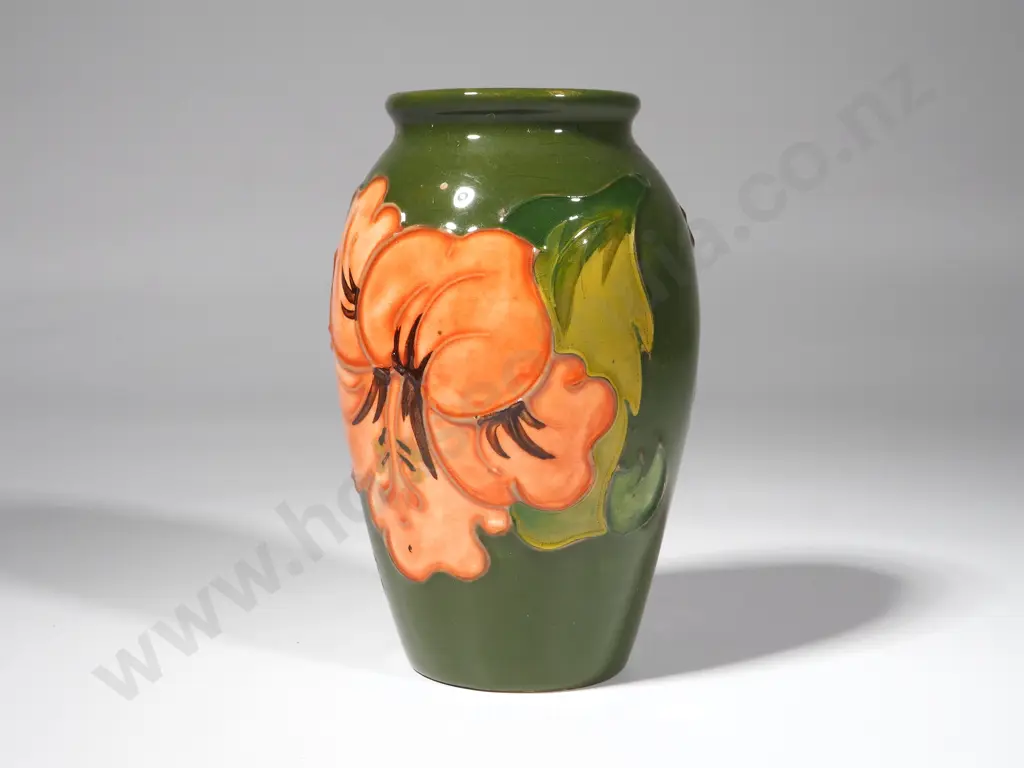 Green Moorcroft Vase Decorated with Pink Hibiscus. Hgt 150mm Image 1++