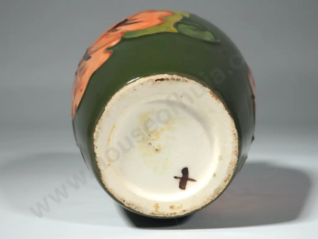 Green Moorcroft Vase Decorated with Pink Hibiscus. Hgt 150mm Image 1++