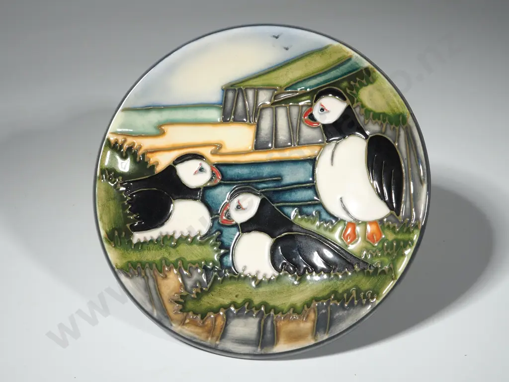 Moorcroft Pin Dish Decorated with Puffins, Dated 1997. Diameter 115mm Image 1++