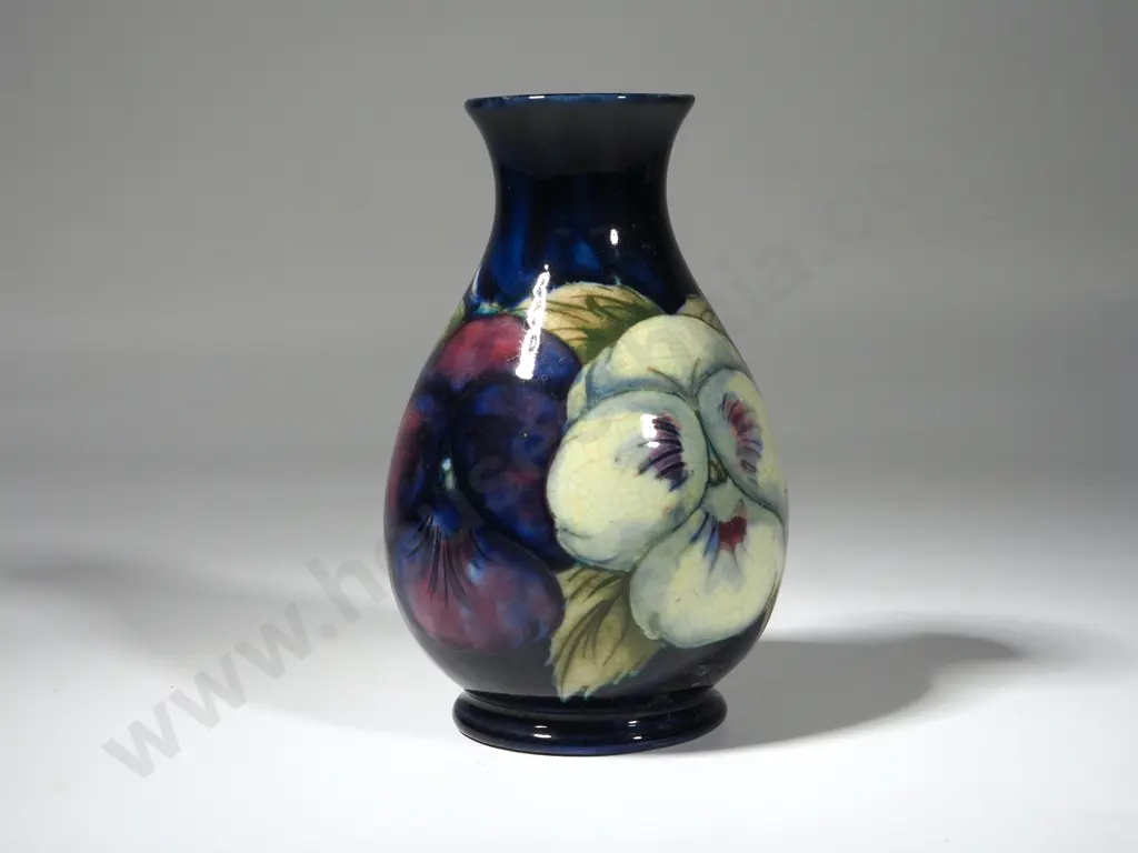 Moorcroft Pansies Bulbous Shaped Vase  - Green Signature. Hgt 125mm Image 1++