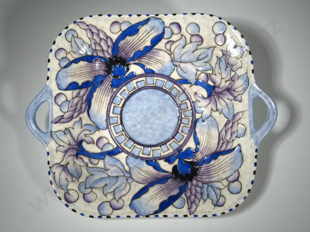 Charlotte Rhead Tube Lined Square Shaped Dish w Floral & Foliate Decoration Image 1++