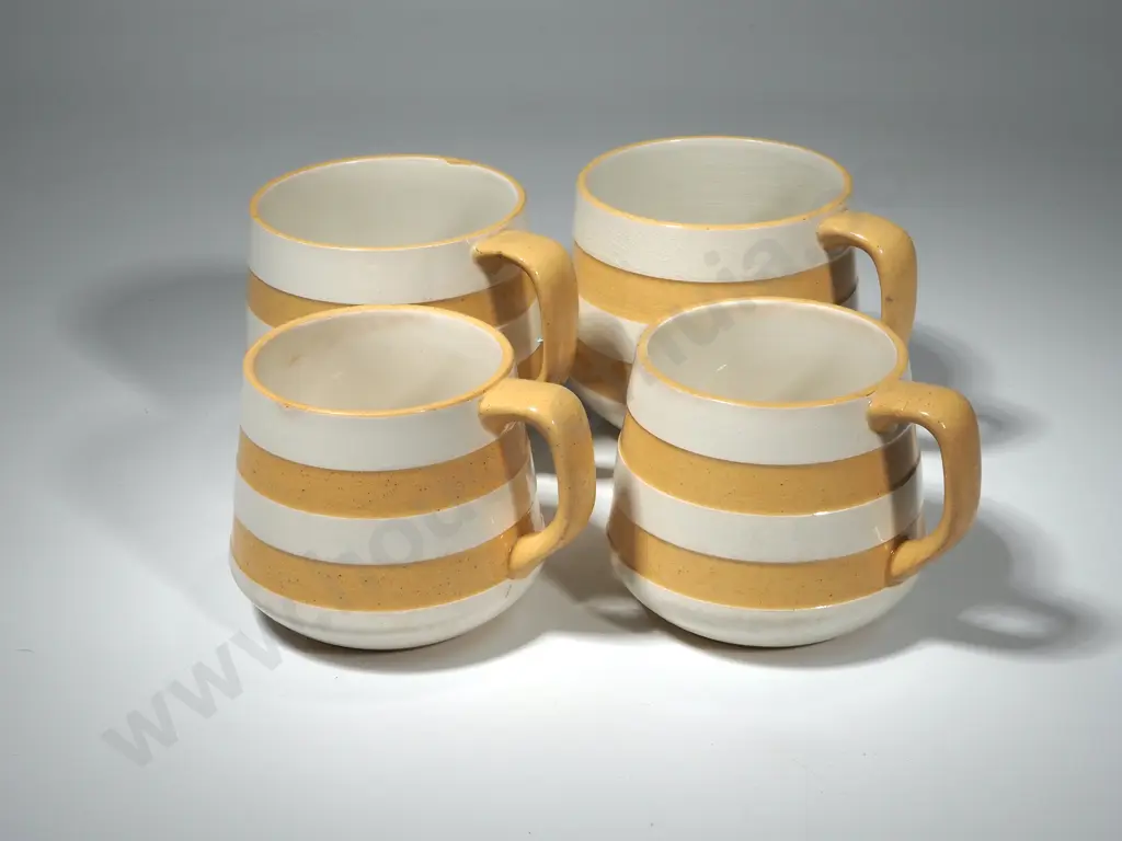 Four Yellow Restyled Cornishware. Two Mugs 80mm (One Chipped ; Two Mugs 70mm. Image 1++