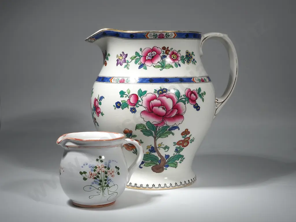Large Maling Wash Jug Decorated with Roses and a Small Pottery Jug Image 1++