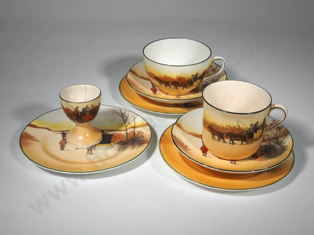 Two Coaching Scene Cups, Saucers and Plates plus another small plate and a egg cup (AF) Image 1++