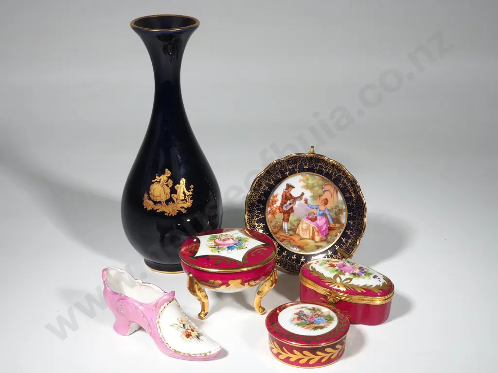 Limoges Blue Vase, 3 x Trinket Boxes and a Plate on Stand Together With a  Victorian Miniature China Shoe Image 1++