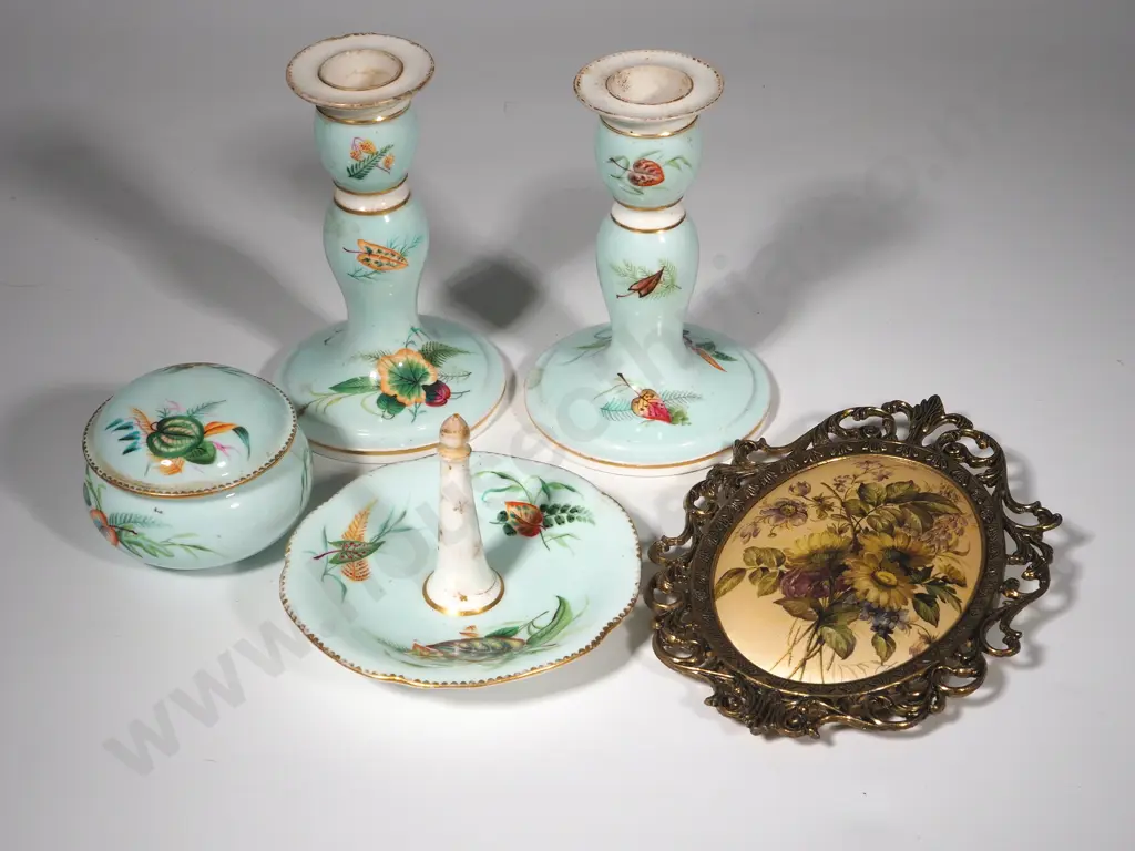 Victorian Dressing Table Pieces including Candlesticks, Ring Tree and Trinket Box with Floral Decoration  Image 1++