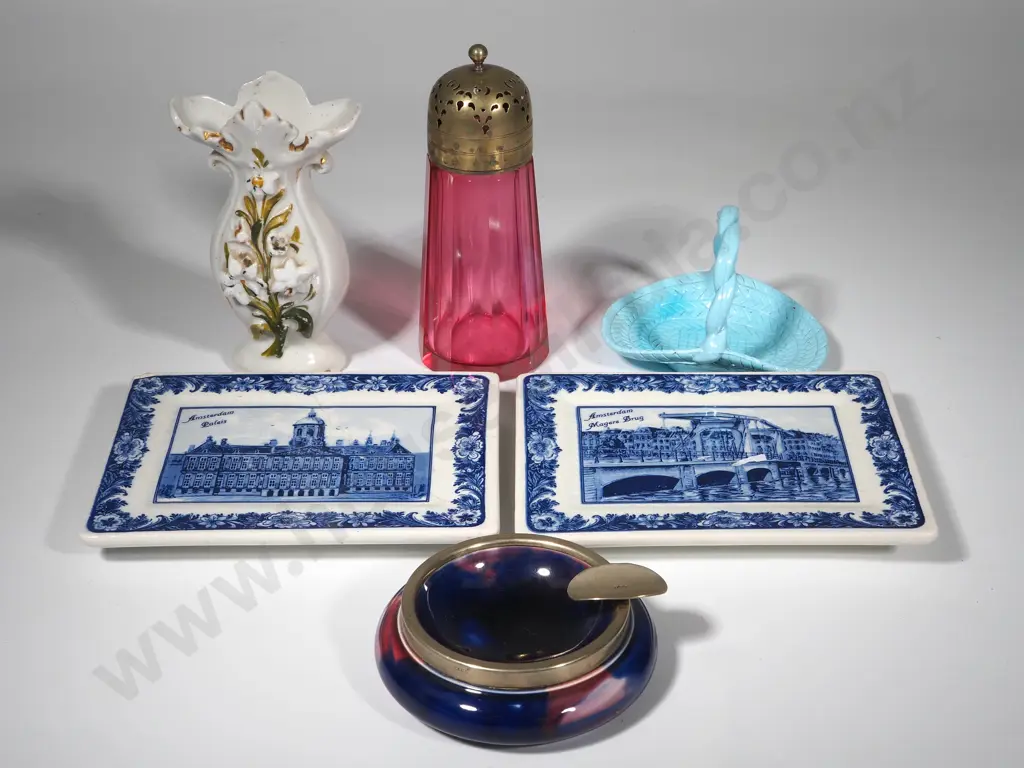 Pair of Blue Delft Wall Plaques (one A/F), China Ashtray with EPNS rim, Small Victorian Vase, Soweby Blue Glass Basket   Image 1++
