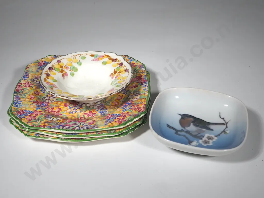Royal Copenhagen Dish depicting a Robin, Three Royal Winton All-Over Pattern. One A/f Image 1++