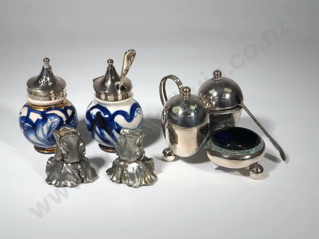 Blue and White Condiment set, Silver Plate Cruet Set (missing lid), Pewter Salt and Pepper in the Form of a Flower,  Image 1++