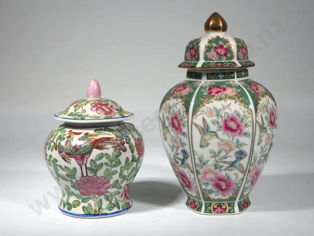 Two Oriental Ginger Jars in Greens & Deep Pinks Image 1++