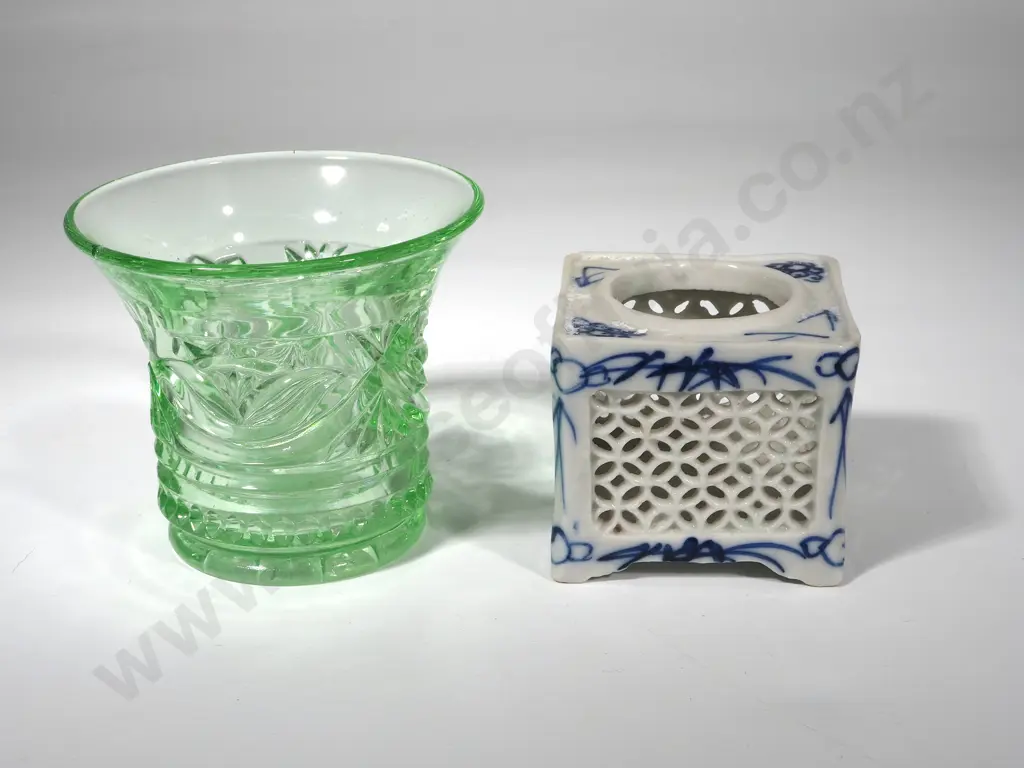 One Green Glass vase & One Porcelain Pierced Panelled Holder Image 1++