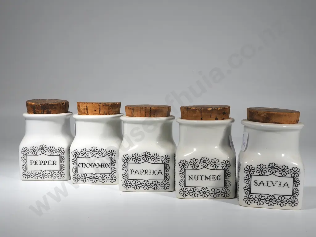 Five Vintage English Porcelain Spice Containers w Cork Tops Image 1++