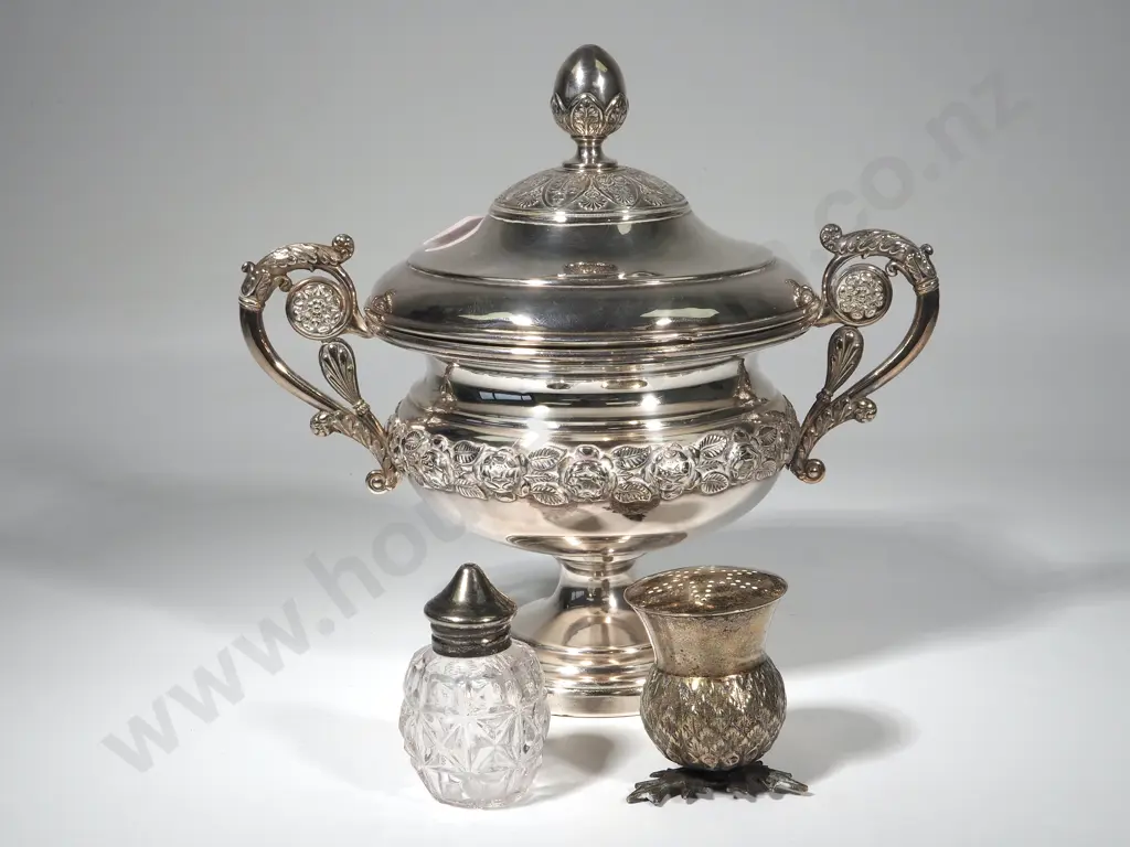 Silver Plated Lidded Bowl and a Silver Plated Salt Shaker Image 1++