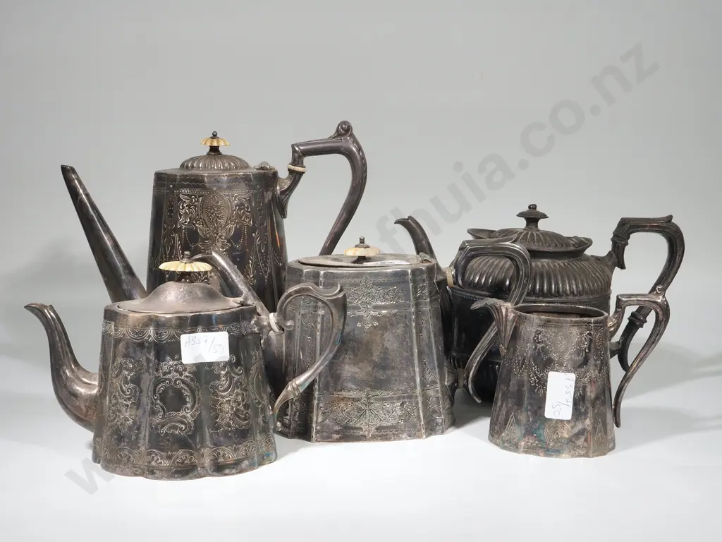 One Silver Plate Coffee Pot, Two Tea Pots, One Hot Water Pot & Milk Jug Image 1++