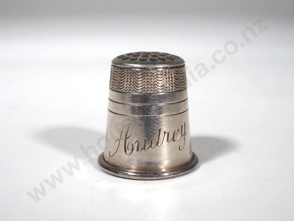 Sterling Silver Thimble - Maker:  B&G - Birmingham 1981; Plain Pattern w Body Inscribed "Audrey" Image 1++
