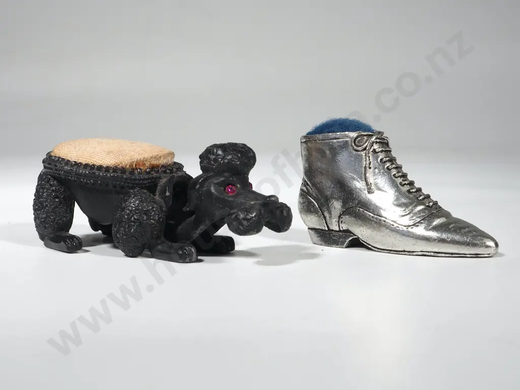 Bronzed Metal Pin Cushion in the Form of a Poodle with a Nodding Head  & a Silver Plated Boot Pin Cushion Image 1++