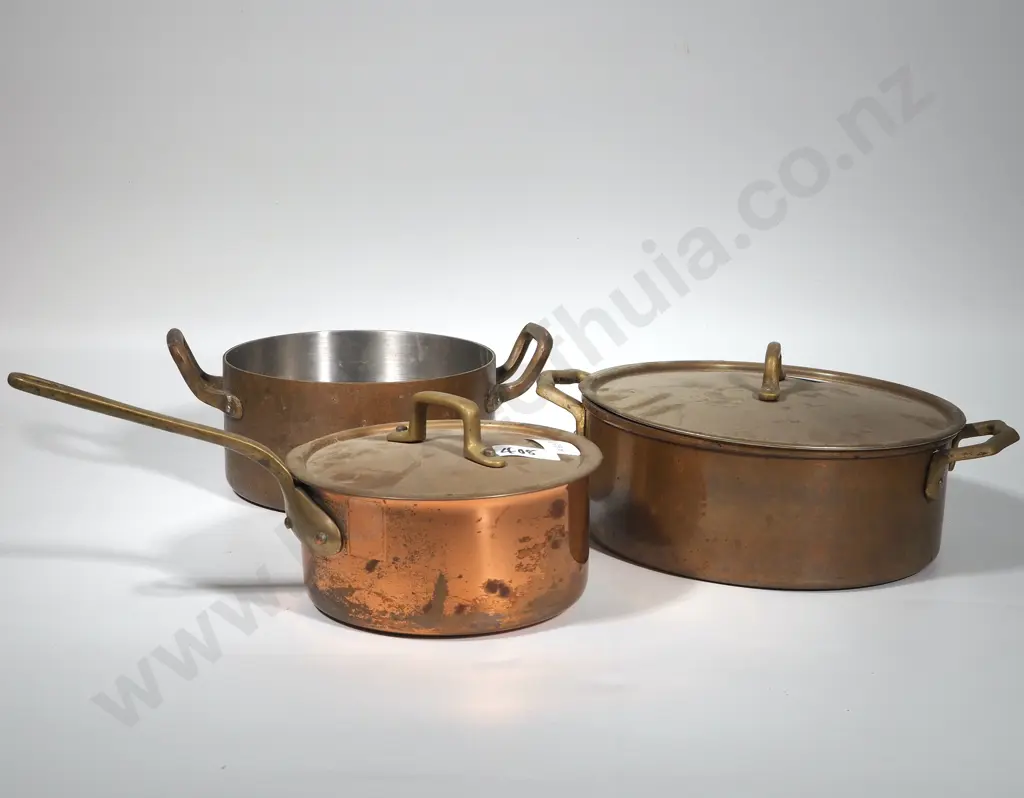 Three Copper Pans - Two w Lids Image 1++