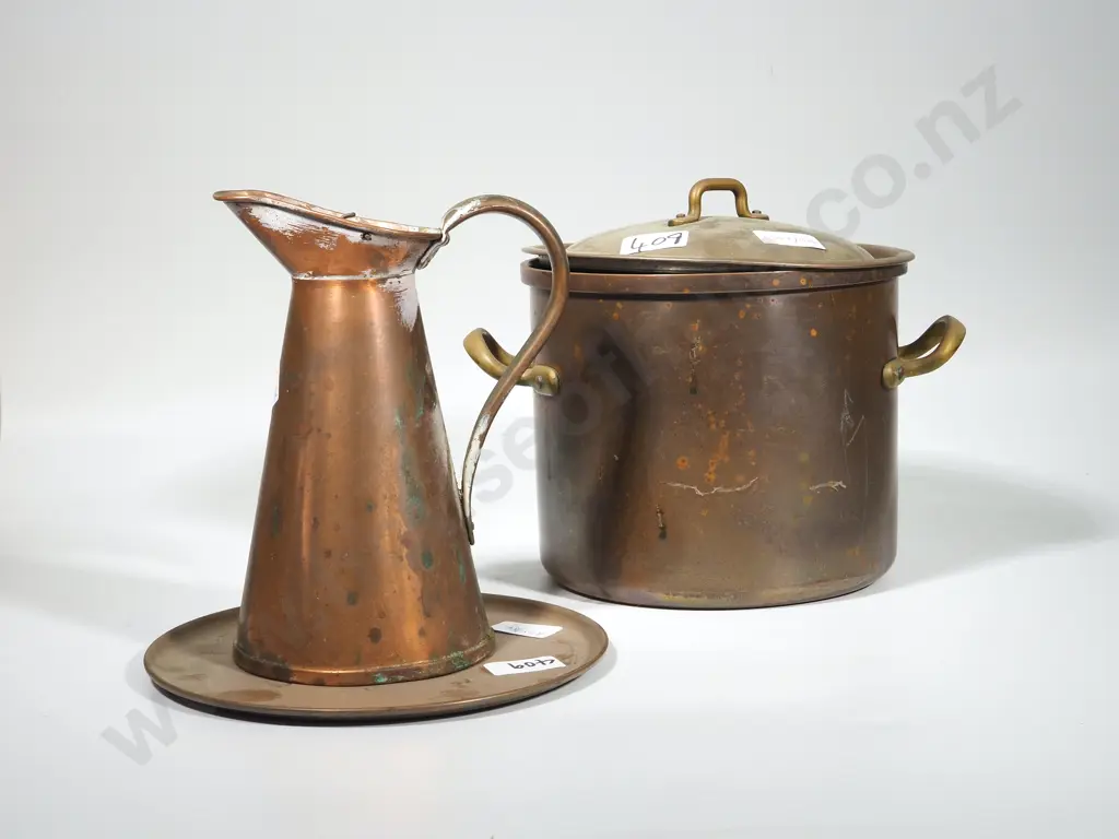 Copper Stock Pot w Lid, Jug, Platter & Brass Trivet Image 1++