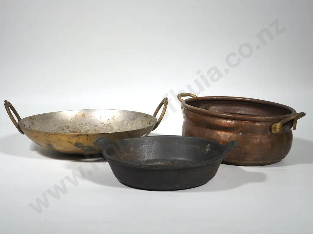 French Cast Iron Cousances Skillet; One Brass Skillet; One Copper Skillet Image 1++