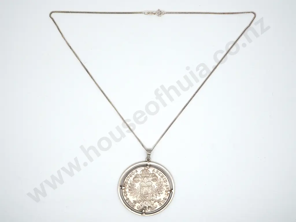 Mounted Maria Theresa Silver Coin on Sterling Silver Chain Image 1++