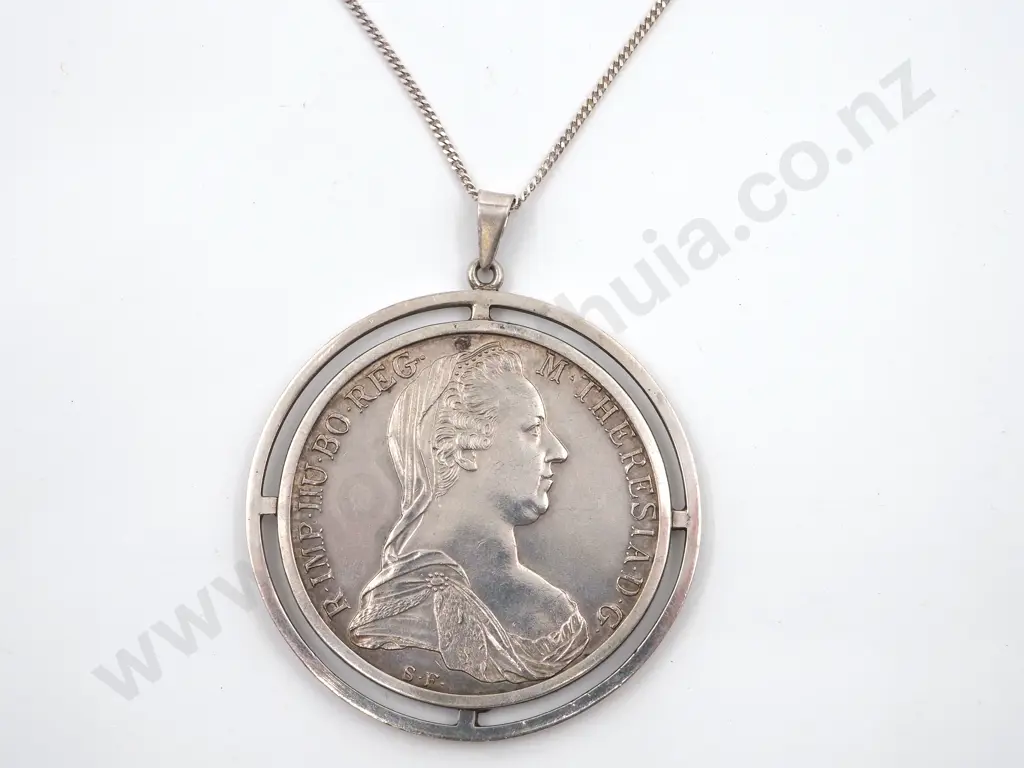 Mounted Maria Theresa Silver Coin on Sterling Silver Chain Image 1++