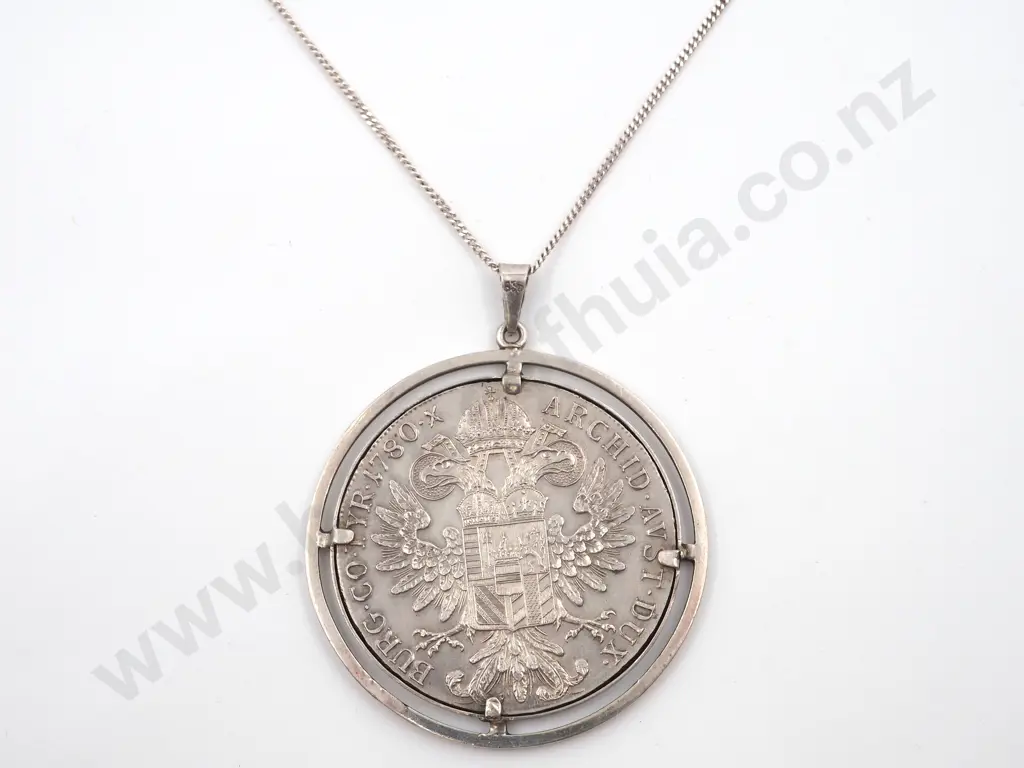 Mounted Maria Theresa Silver Coin on Sterling Silver Chain Image 1++
