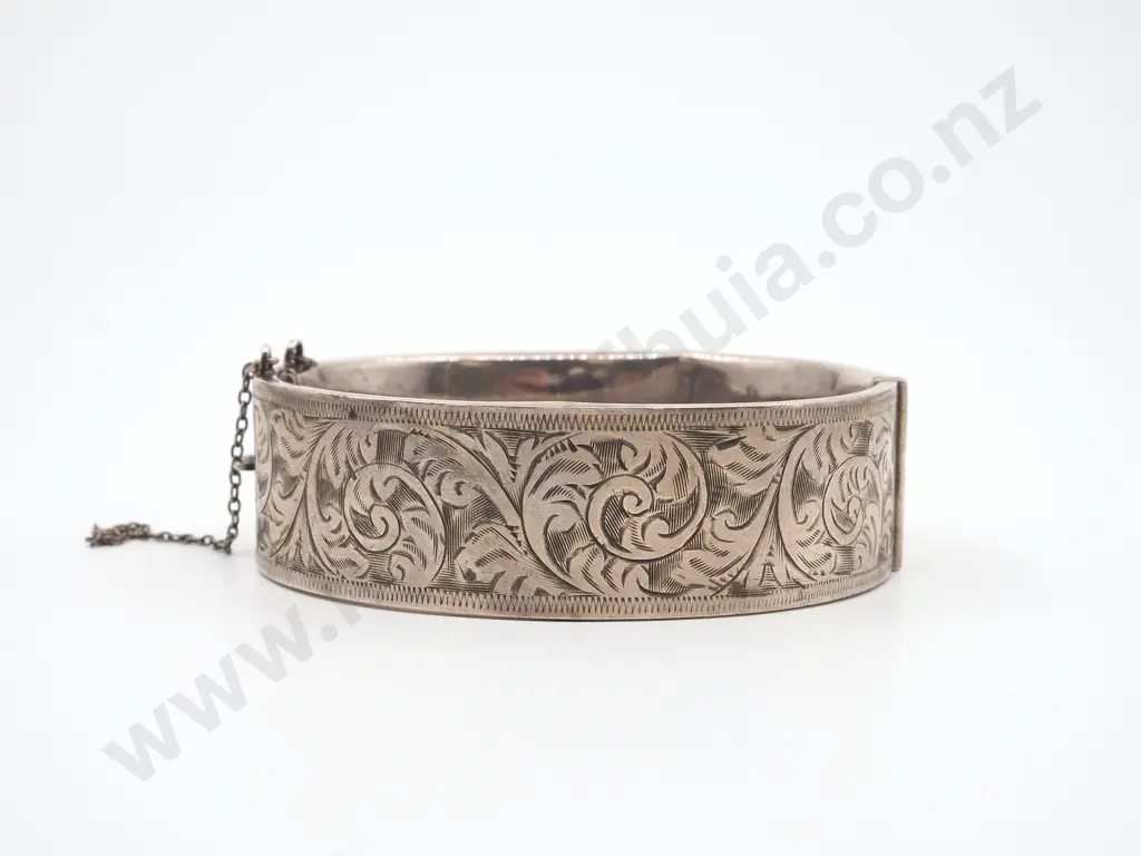 Sterling Silver Engraved Hinged Bracelet - English Hallmarks Image 1++