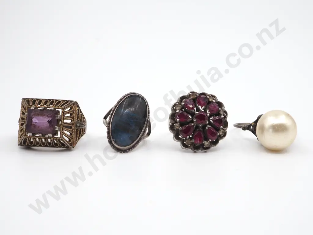 Four Sterling Silver Rings, One Pearl, Purple Stone, Butterfly Wing & Red Stone Dress Ring  Image 1++